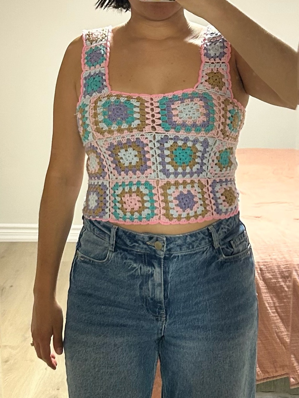 Handmade Crochet Square Tank Top - Pink Multicolor